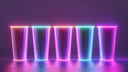 A stunning display of colorful neon cups that glow in vibrant hues, set against a minimalist background. Perfect for creative designs focused on food and beverages.の素材
