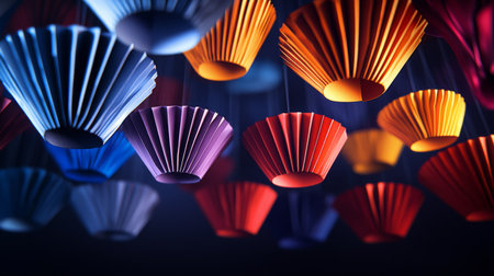 A captivating display of colorful paper lanterns suspended against a dark backdrop, creating an enchanting atmosphere perfect for celebrations and events.の素材