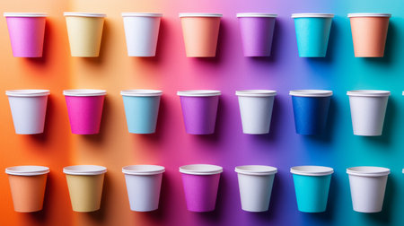 A stunning display of colorful paper cups set against a vibrant gradient background, perfect for any creative project or culinary presentation. Ideal for parties or marketing.の素材