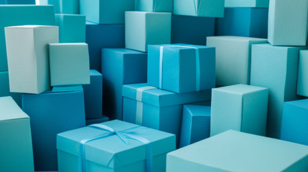 A captivating arrangement of assorted blue gift boxes creates a visually appealing background, perfect for themes of celebration, gifting, or holiday events.の素材