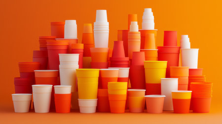 A captivating display of colorful disposable cups stacked in various sizes on a bright orange background, perfect for events, parties, and creative beverage presentations.の素材