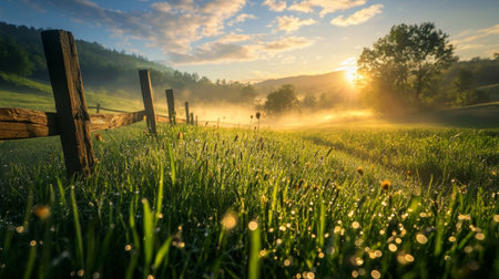 A stunning view of a sunrise illuminating a lush green field, showcasing dew on the grass and a rustic wooden fence, encapsulating serene rural beauty.の素材
