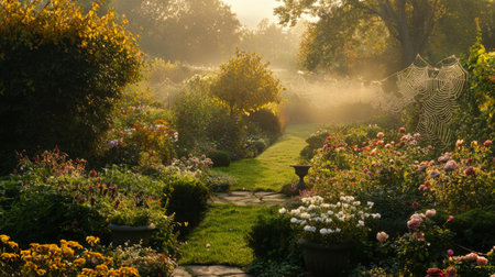 A captivating morning scene in a vibrant garden filled with blooming flowers, soft sunlight, and gentle mist, creating a peaceful and serene atmosphere.の素材