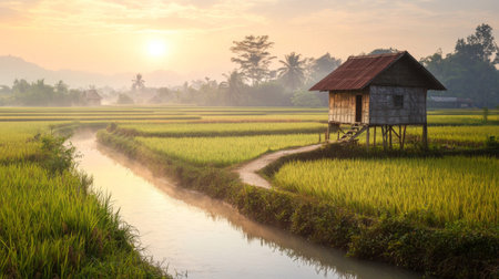 A beautiful sunrise casts warm light over lush rice fields, featuring a traditional wooden house alongside a calm river, creating a serene rural atmosphere.の素材