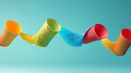 This vibrant image features colorful disposable cups arranged in a wave pattern against a soft blue background, embodying playfulness and creativity in design.の素材