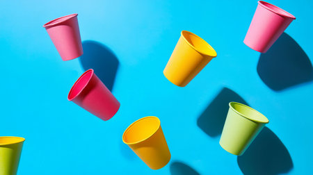 A captivating arrangement of colorful plastic cups suspended midair against a vivid blue backdrop, perfect for conveying a sense of joy and celebration in imagery.の素材