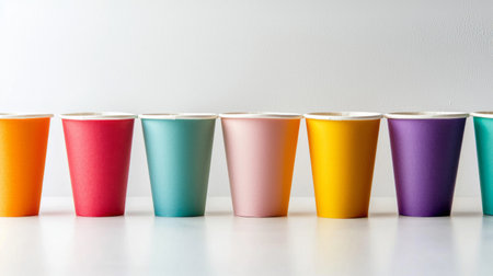 A stunning row of colorful paper cups showcases vibrant hues against a clean white background, perfect for event decorations or stylish casual gatherings.の素材