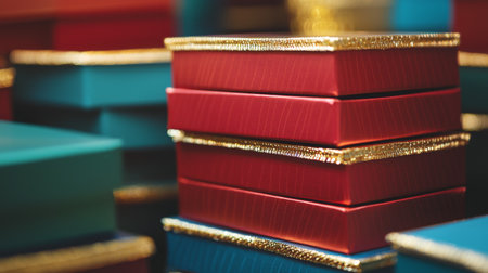 A collection of vibrant gift boxes in red, blue, and green, featuring shiny gold accents, perfect for any festive celebration or special occasion.の素材