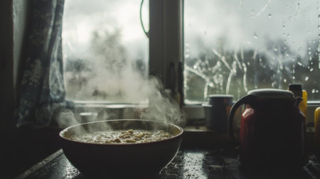 A captivating kitchen scene featuring a steaming bowl of food beside a rainy window. This image evokes warmth and comfort, perfect for culinary-themed projects.の素材