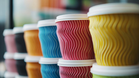 A visually striking display of colorful coffee cups in an array of vibrant hues, ideal for marketing campaigns in cafes or beverage businesses seeking a fresh look.の素材