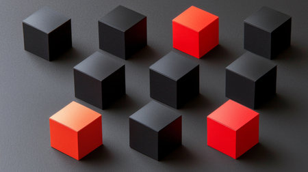 Artistic arrangement of black and red cubes on a dark surface, emphasizing geometric shapes and abstract design, ideal for creative projects and visual inspiration.の素材