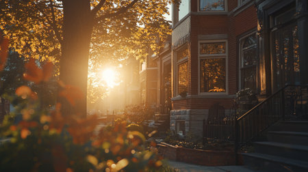 Captivating autumn sunset with warm light illuminating a charming street of beautiful homes framed by lush trees and vibrant fall colors, creating a peaceful ambiance.の素材
