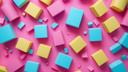 This vibrant image features colorful geometric shapes scattered on a bright pink background. Perfect for modern art projects, playful designs, or educational materials.の素材