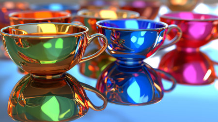 A striking arrangement of colorful transparent cups reflected on a glossy surface. The lighting enhances the vibrant hues, creating a cheerful and festive atmosphere.の素材