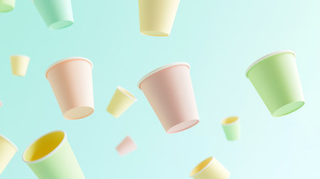 A whimsical scene featuring colorful paper cups floating against a soft gradient background, ideal for use in projects related to celebrations and events.の素材