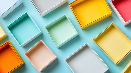 A bright assortment of colorful empty gift boxes displayed on a soft blue surface, perfect for creative projects, crafting inspirations, or decorative ideas.の素材