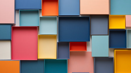 Explore a vibrant arrangement of flat boxes showcasing diverse colors and shapes. Perfect for design inspiration, art projects, or modern decor ideas.の素材
