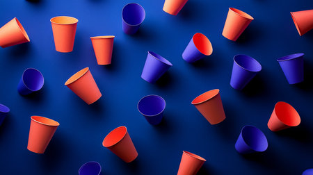 Brightly colored disposable cups in orange and purple are scattered across a vibrant blue background, creating a festive and playful atmosphere, perfect for celebrations.の素材