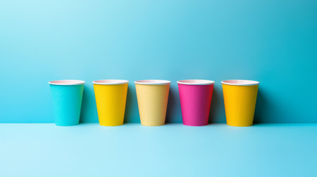 Vibrant paper cups in various colors lined up on a light blue surface create a cheerful atmosphere perfect for parties or events, enhancing any celebration.の素材