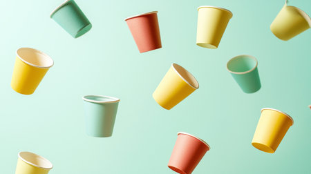 A playful scene showcasing colorful paper cups in various shades, floating against a light blue backdrop. Ideal for themes related to celebrations, events, or creativity.の素材