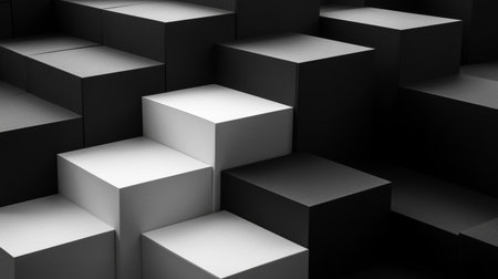This image features a dynamic arrangement of black and white cubes with varying heights, creating an abstract and modern background ideal for design or artistic projects.の素材