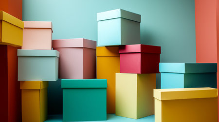 A visually appealing collection of colorful stacked gift boxes arranged creatively against a vibrant backdrop. Ideal for themes of celebration and holiday spirit.の素材