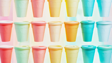 Bright and eye-catching arrangement of colorful disposable cups set against a soft background, ideal for parties, events, and beverage service themes.の素材