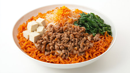 A captivating arrangement of noodles topped with minced meat, vibrant vegetables, and tofu cubes, perfect for food lovers and culinary enthusiasts.の素材