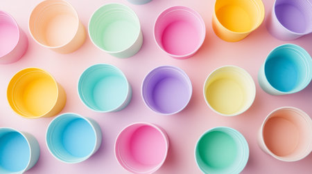 A vibrant flatlay of empty colorful plastic cups in pastel shades arranged on a soft gradient background, perfect for spring and summer celebrations and events.の素材