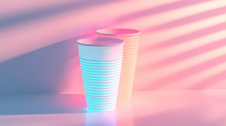 Two colorful plastic cups are beautifully lit, casting soft shadows against a minimalist background. Ideal for creative projects, party themes, or modern designs.の素材