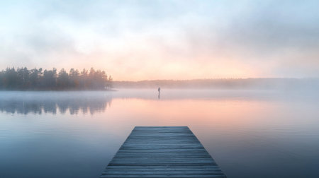 A serene mist-covered lake at dawn showcases a solitary figure standing on a wooden pier. The tranquil scene combines fog, soft colors, and surrounding nature.の素材