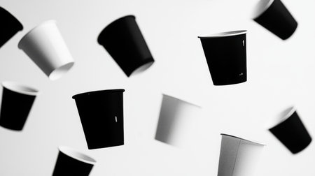 A captivating composition of black and white paper cups suspended in mid-air, emphasizing motion and minimalist design, perfect for various creative projects.の素材