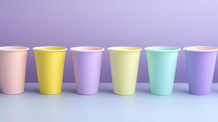 Vibrant pastel cups arranged in a delightful display create a cheerful atmosphere. Perfect for summer parties, events, or casual gatherings, these cups enhance any experience.の素材