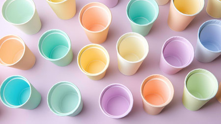 A vibrant display of colorful paper cups arranged on a soft pastel background. This cheerful scene captures the essence of fun, ideal for party themes and event decorations.の素材