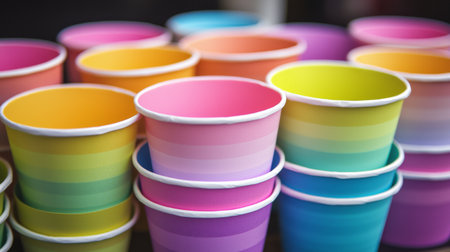 A vibrant collection of stacked cups in various colors and gradients, perfect for party supplies, crafts, and creative projects, adds a cheerful touch to any gathering.の素材