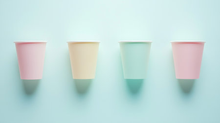 A set of four colorful disposable cups arranged neatly against a soft background, perfect for inspiring ideas for parties, events, and casual gatherings.の素材