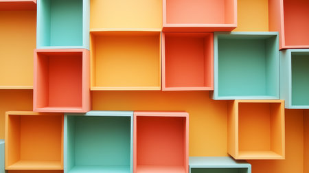 Bright and colorful abstract background featuring geometric shapes and empty decorative boxes in orange, green, and pink shades for modern design inspiration.の素材