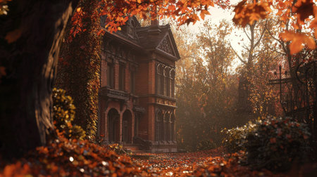 An enchanting view of a historic mansion enveloped by colorful autumn leaves, casting a warm glow. This peaceful scene captures the beauty of nature and architecture.の素材