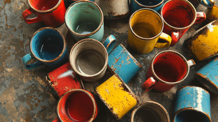 A stunning arrangement of brightly colored, rustic mugs showcasing a mix of vibrant hues on a textured surface, perfect for artistic projects and creative designs.の素材