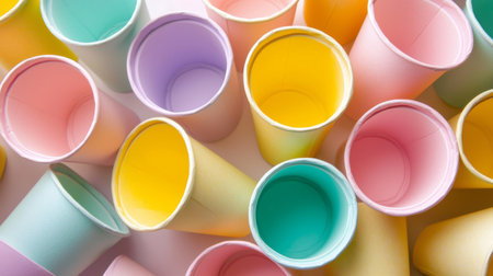 A vibrant display of colorful disposable cups stacked together, showcasing a cheerful atmosphere ideal for parties, gatherings, and events. Perfect for festive occasions.の素材