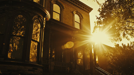 A charming vintage brick house features a large bay window, beautifully illuminated by the warm golden light of the setting sun, surrounded by lush greenery.の素材