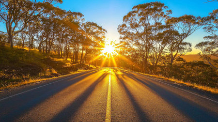 A breathtaking sunrise lights up a tranquil road surrounded by trees, creating a stunning landscape that invites exploration and reflects natural beauty.の素材