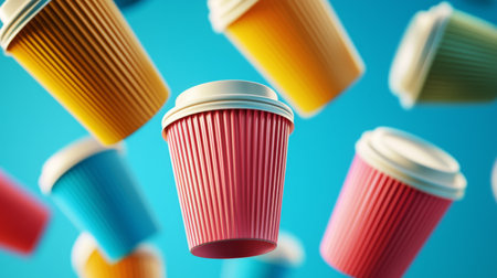 A captivating arrangement of colorful disposable paper cups suspended in air, creating a lively and dynamic scene perfect for events, parties, and cheerful gatherings.の素材