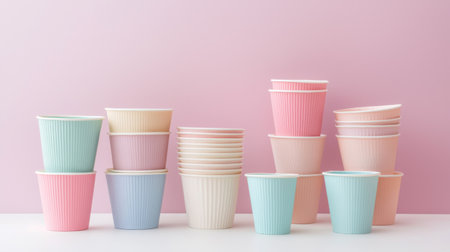 A visually appealing collection of pastel-colored paper cups arranged in a stack against a soft pink backdrop, perfect for events or parties, offering charm and elegance.の素材