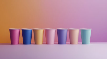 A row of colorful disposable cups stands against a vibrant gradient background, creating a cheerful and festive atmosphere perfect for parties and events.の素材
