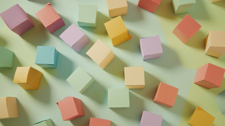 A vibrant arrangement of colorful pastel building blocks scattered on a soft green surface, perfect for illustrating playfulness and creativity in design projects.の素材