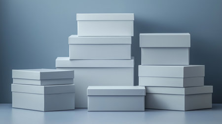 A serene composition featuring an assortment of white boxes stacked in various sizes against a gentle blue backdrop, perfect for gifting ideas or minimalistic decor.の素材
