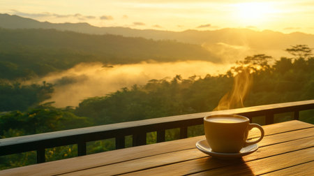 A steaming cup of coffee rests on a wooden table, surrounded by a breathtaking sunrise over misty mountains. This serene moment captures the essence of tranquility.の素材