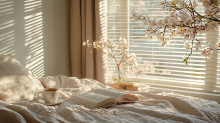 A serene morning setting featuring an open book, a steaming cup of coffee, and delicate cherry blossoms casting soft shadows in gentle sunlight. Perfect for relaxation.の素材