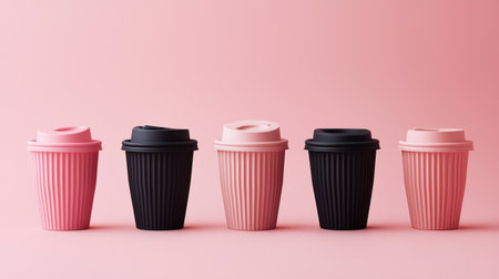 A collection of stylish disposable coffee cups in pink and black hues set against a soft pink background, creating a modern and inviting aesthetic for branding and design.の素材